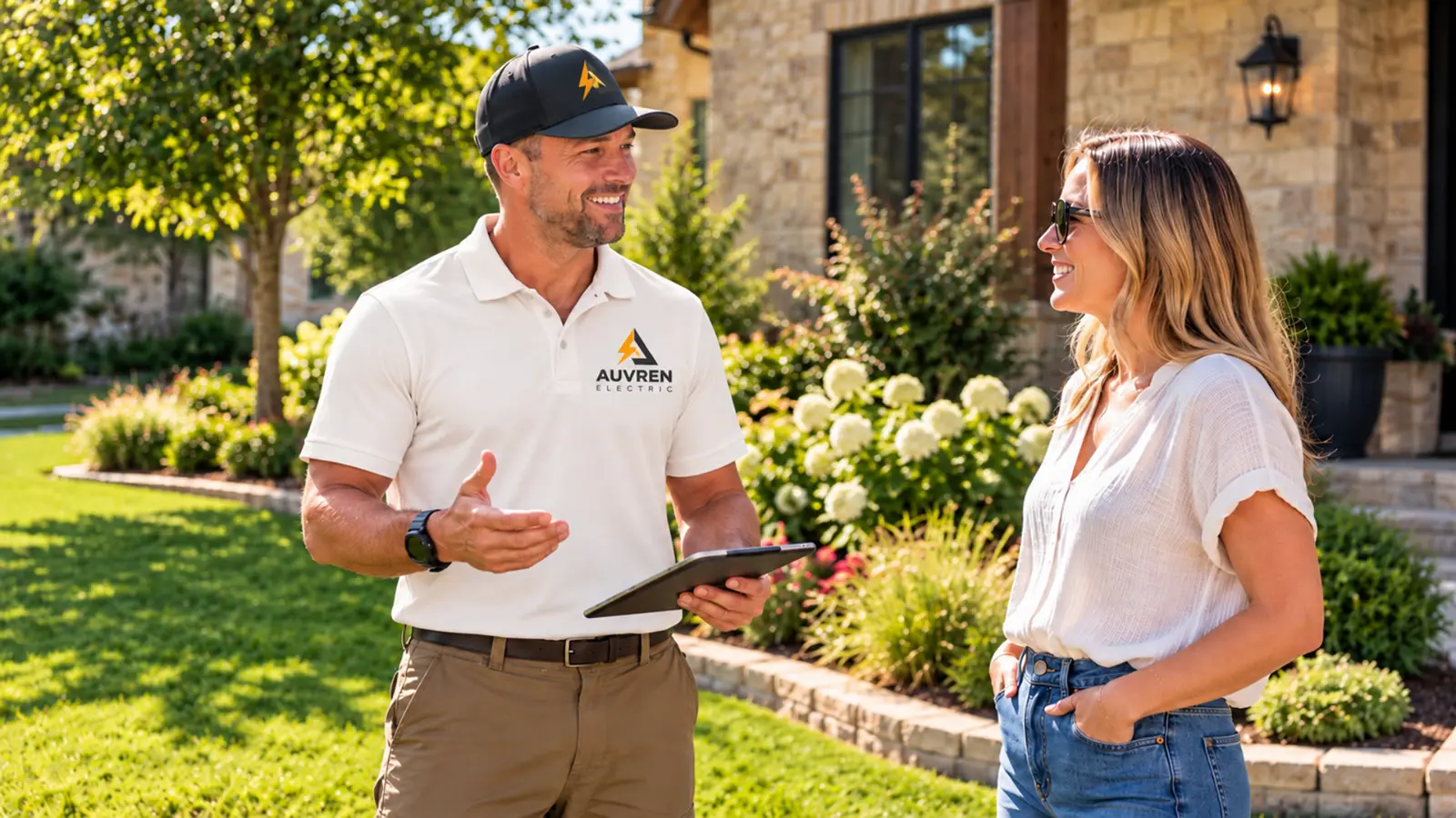 An Auvren electrician reviewing a project plan on a tablet with a homeowner outside her house